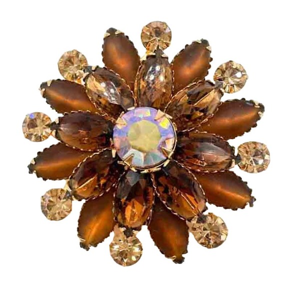 Vintage Signed Judy Lee Rhinestone Brooch Amber Aurora Borealis Star 2" c1970s - Picture 1 of 12